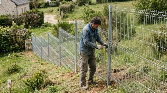 Homeowner installing rigid wire mesh fence panels on a sloped residential terrain showing stepped configuration method