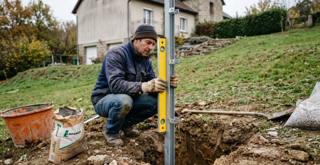 Worker installing a metal fence post in a deeper foundation hole on sloped ground while checking vertical alignment with spirit level
